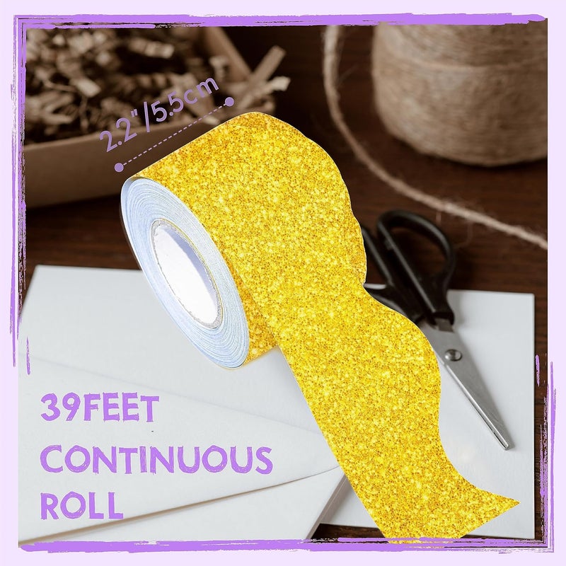 كاست ويف حدود لوحة الإعلانات، حافة ملفوفة لامعة ذهبية، حافة لوحة صدفية، بتصميم خطوط متموجة، ديكور للفصول الدراسية للعودة إلى المدرسة، للمدرسة والفصول الدراسية والمكاتب (39 قدمًا) - Image 2