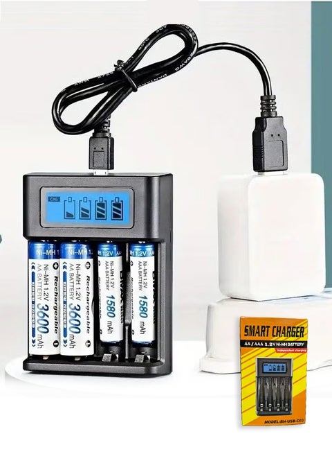 Mini USB AA AAA Battery Charger, 4 Bay, High-Speed Charging, Independent Slots, LCD Display, for Ni-MH Ni-CD Rechargeable Batteries