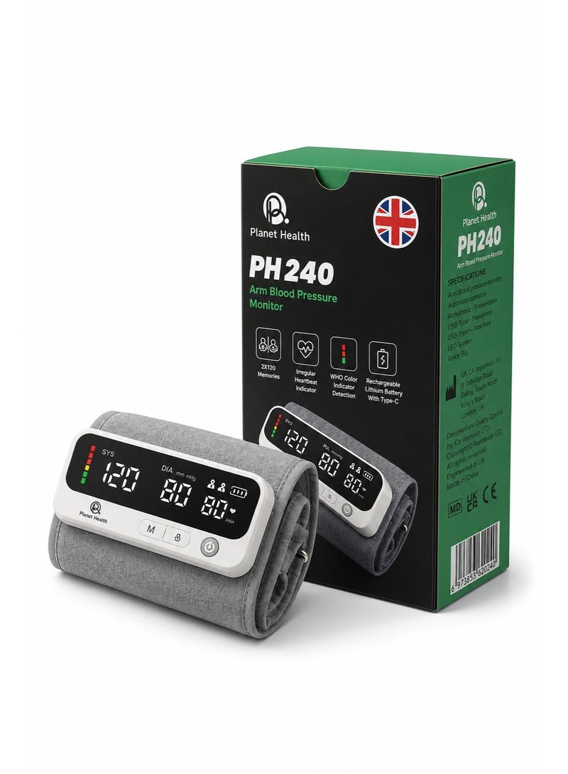 صحة الكوكب جهاز قياس ضغط الدم Planet Health PH240 للذراع – قياس رقمي دقيق وسهل الاستخدام – شاشة LED واضحة – مؤشر عدم انتظام ضربات القلب – ذاكرة لحفظ القراءات – بطارية ليثيوم قابلة لإعادة الشحن USB Type-C ضمان 3 سنوات - Image 1