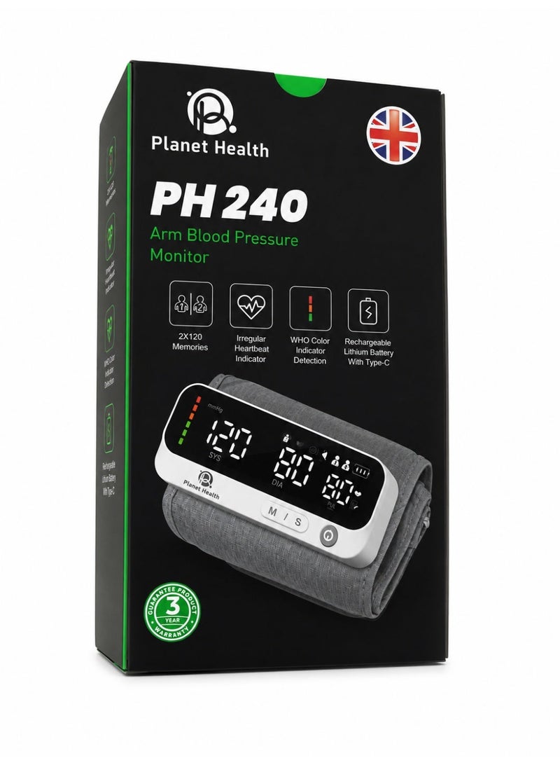 صحة الكوكب جهاز قياس ضغط الدم Planet Health PH240 للذراع – قياس رقمي دقيق وسهل الاستخدام – شاشة LED واضحة – مؤشر عدم انتظام ضربات القلب – ذاكرة لحفظ القراءات – بطارية ليثيوم قابلة لإعادة الشحن USB Type-C ضمان 3 سنوات - Image 2