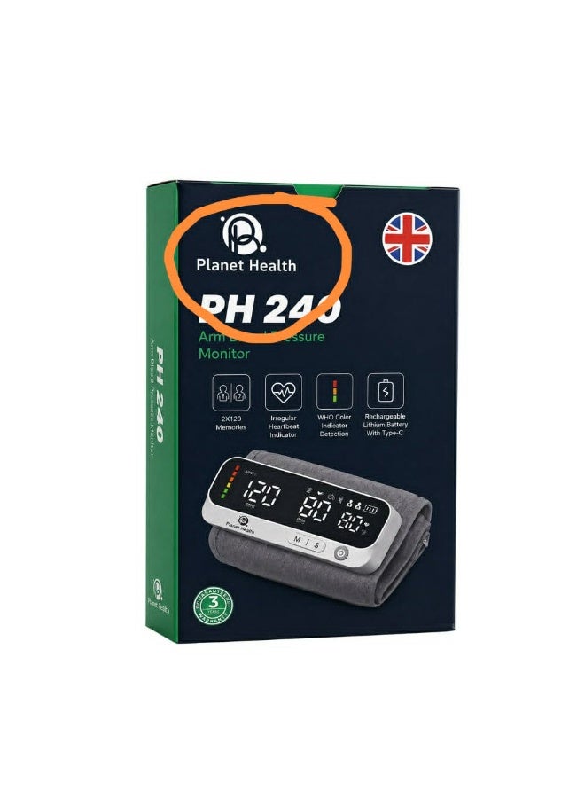 صحة الكوكب جهاز قياس ضغط الدم Planet Health PH240 للذراع – قياس رقمي دقيق وسهل الاستخدام – شاشة LED واضحة – مؤشر عدم انتظام ضربات القلب – ذاكرة لحفظ القراءات – بطارية ليثيوم قابلة لإعادة الشحن USB Type-C ضمان 3 سنوات - Image 3