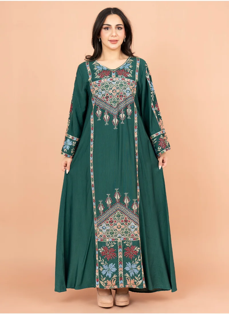 IKKXA Exquisite Embroidered Jalabiya with Delicate Details IK4008 Green