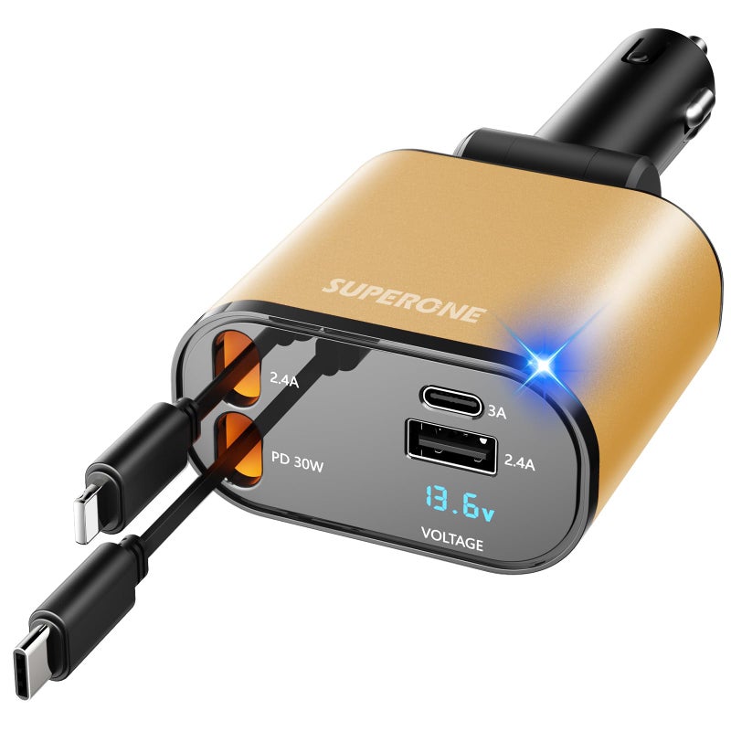 SUPERONE 【Upgraded】 SUPERONE Retractable Car Charger 4 in 1, Fast Car Phone Charger with Cord 2.6ft, USB C and Apple Car Charger Adapter, Compatible with iPhone 15/15 Pro Max/14/13/12/11, Galaxy, Pixel - Image 1