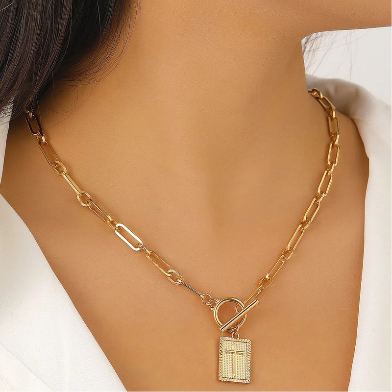 European and American Cross Square Pendant Necklace Earrings Set - Unique OT Buckle Paperclip Chain Clavicle Necklace Wholesale