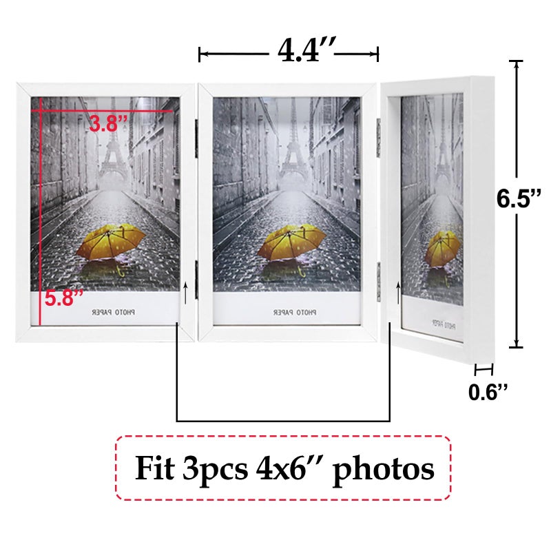 TOFOREVO 4x6 3 Picture Frame Triple Wooden Three Hinged Photo Frame Definition Glass Stand Vertically on Desktop or Tabletop White - Image 2