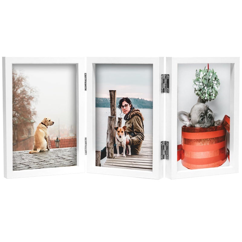 TOFOREVO 4x6 3 Picture Frame Triple Wooden Three Hinged Photo Frame Definition Glass Stand Vertically on Desktop or Tabletop White - Image 1