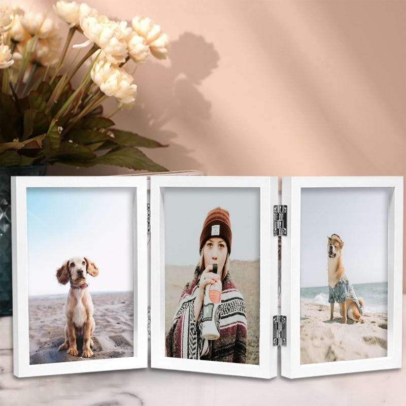 TOFOREVO 4x6 3 Picture Frame Triple Wooden Three Hinged Photo Frame Definition Glass Stand Vertically on Desktop or Tabletop White - Image 4
