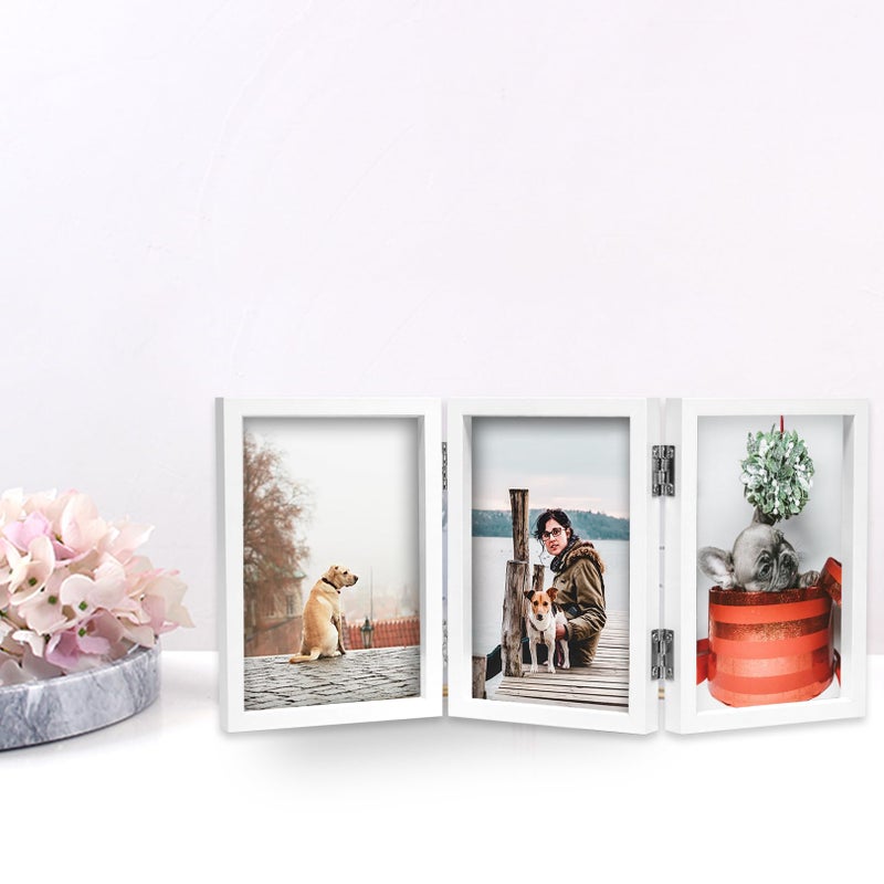 TOFOREVO 4x6 3 Picture Frame Triple Wooden Three Hinged Photo Frame Definition Glass Stand Vertically on Desktop or Tabletop White - Image 5