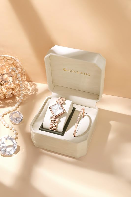 Giordano Rose Gold Analog Watch for Women with Bracelet Set – Diamond-Shaped Shimmer Dial, Crystal Detailing & Stainless Steel Strap – Elegant Gift Combo for Women - Image 4