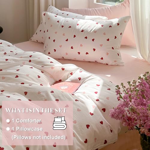 Erwinmu Girls Comforter Set Twin Size - 2 Pieces Red Pink Heart Comforter Bedding Sets for Kids,Twin Bed in a Bag with Heart Comforter and 1 Pillowcase - Image 2
