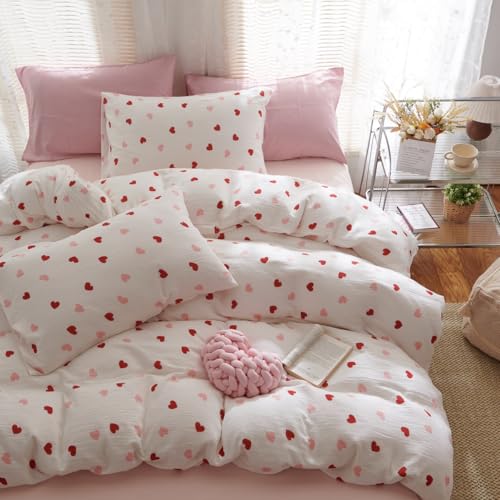 Erwinmu Girls Comforter Set Twin Size - 2 Pieces Red Pink Heart Comforter Bedding Sets for Kids,Twin Bed in a Bag with Heart Comforter and 1 Pillowcase - Image 1