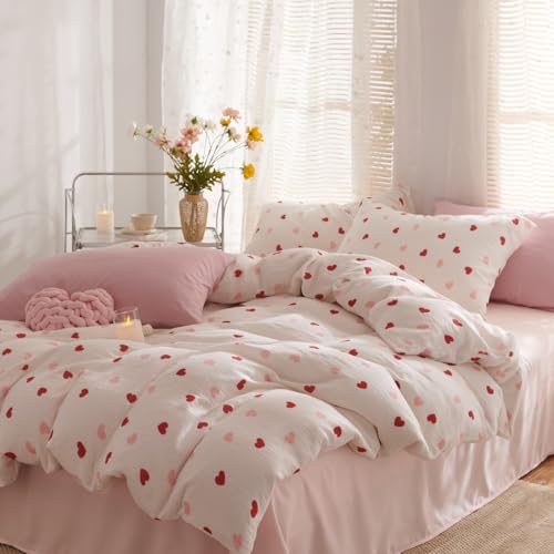 Erwinmu Girls Comforter Set Twin Size - 2 Pieces Red Pink Heart Comforter Bedding Sets for Kids,Twin Bed in a Bag with Heart Comforter and 1 Pillowcase - Image 4
