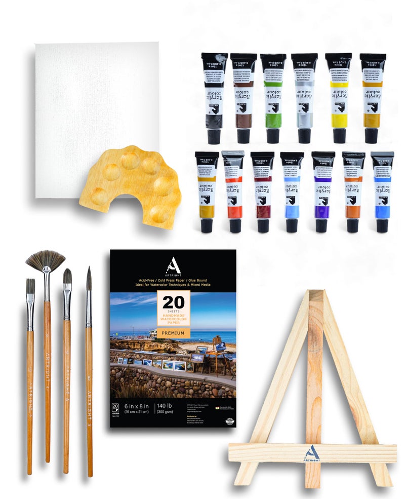 ArtRight طقم الرسم ArtRight 39 قطعة للمبتدئين والأطفال مع 4 فرشاة رسم - حامل خشبي صغير مع قماش - 20 ورقة مائية A5 - لوحة رسم صغيرة - مجموعة ألوان الفنانين من 12 لون - Image 1