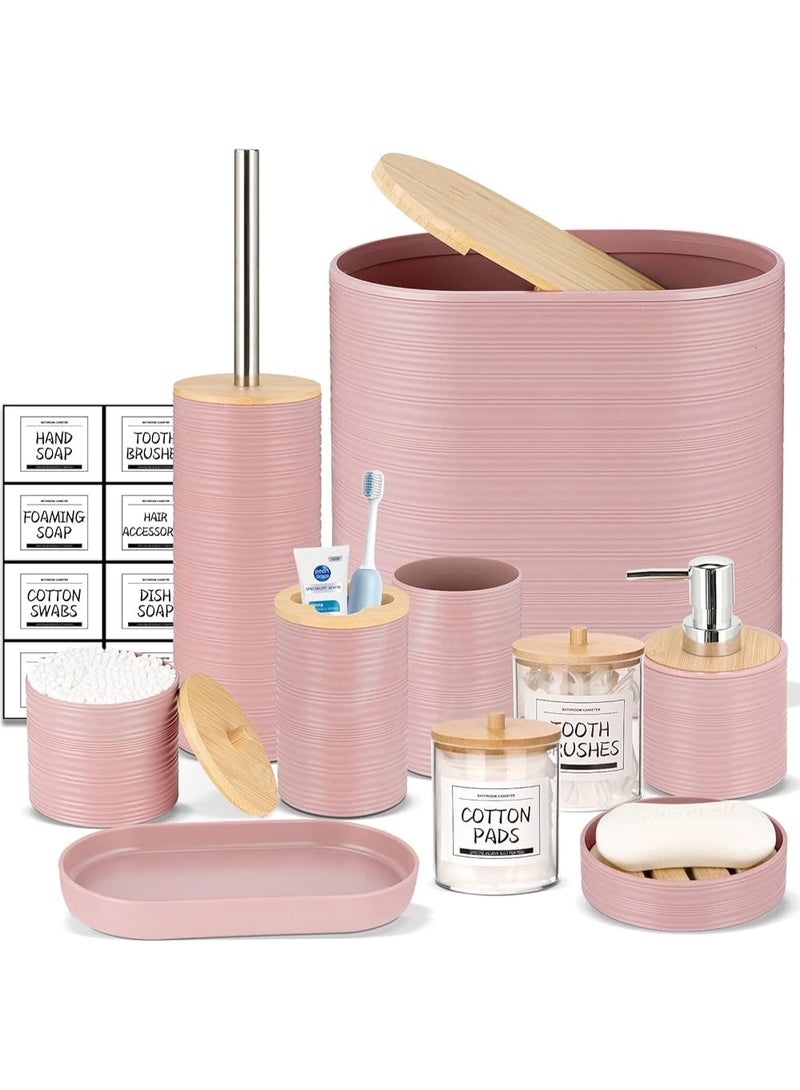 10 Piece Pink Bamboo Plastic Bathroom Accessories Set - Image 1