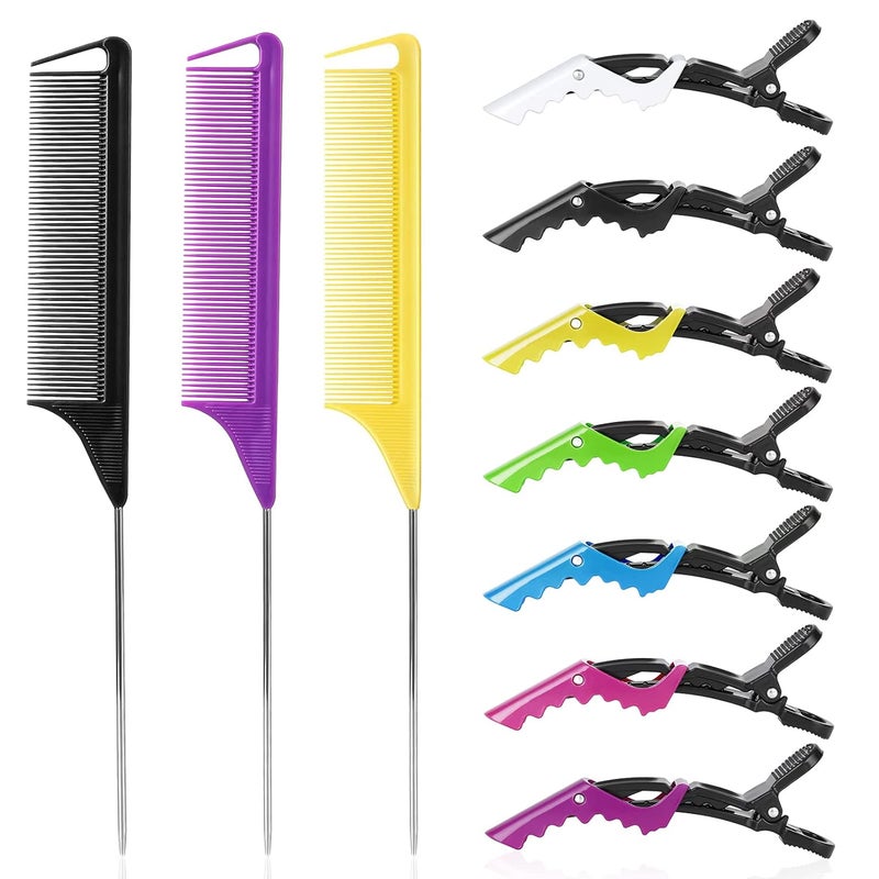 Hair Styling Combs and Clips Set  Rat Tail Teasing Combs with Steel Pin Sectioning Alligator Clips for Braiding Parting and Salon Use