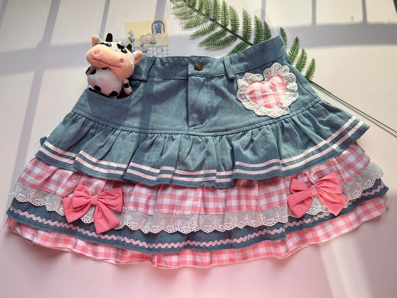 OATSBAS Preppy Lolita Kawaii Skirts Sweet Mini Women Cute Ball Gown Denim Skater Y2K High Waist Lace Cake Skirts (Blue,M,Medium) - Image 5