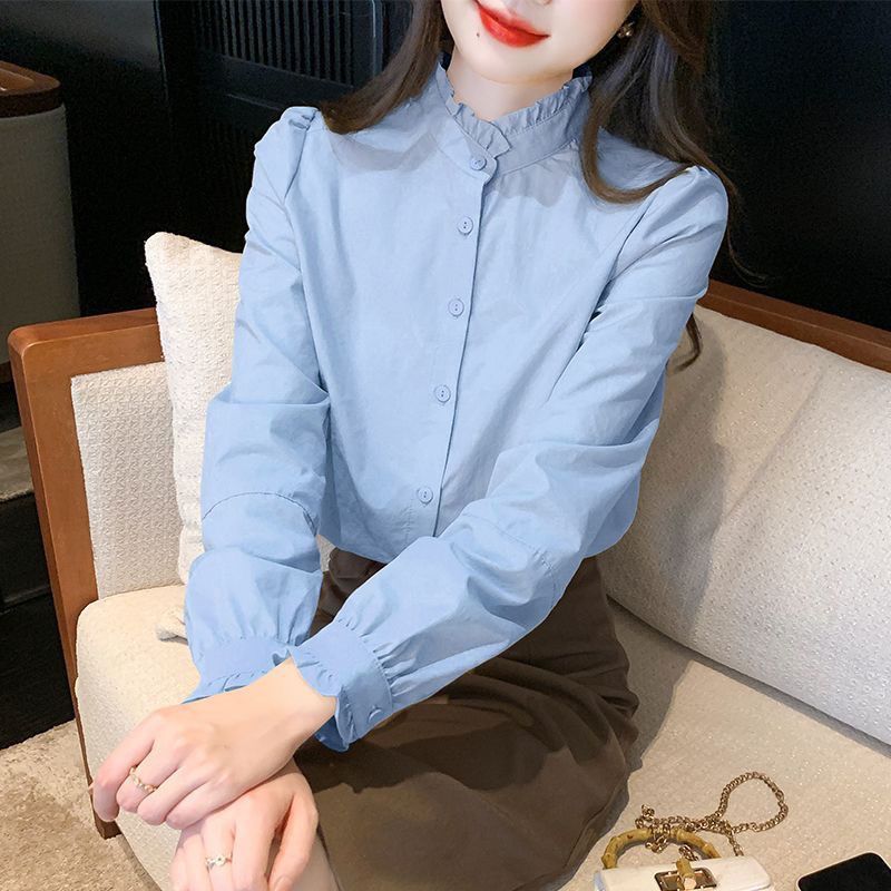 French-Style Ruffled Stand Collar Long Sleeve Shirt For Women, Autumn Design Niche Women'S Blouse - Image 1