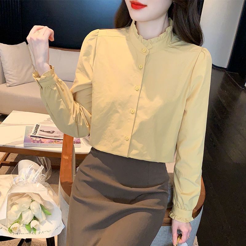 French-Style Ruffled Stand Collar Long Sleeve Shirt For Women, Autumn Design Niche Women'S Blouse - Image 3