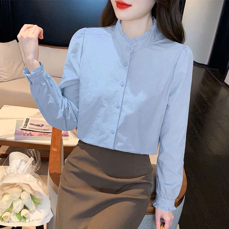 French-Style Ruffled Stand Collar Long Sleeve Shirt For Women, Autumn Design Niche Women'S Blouse - Image 2