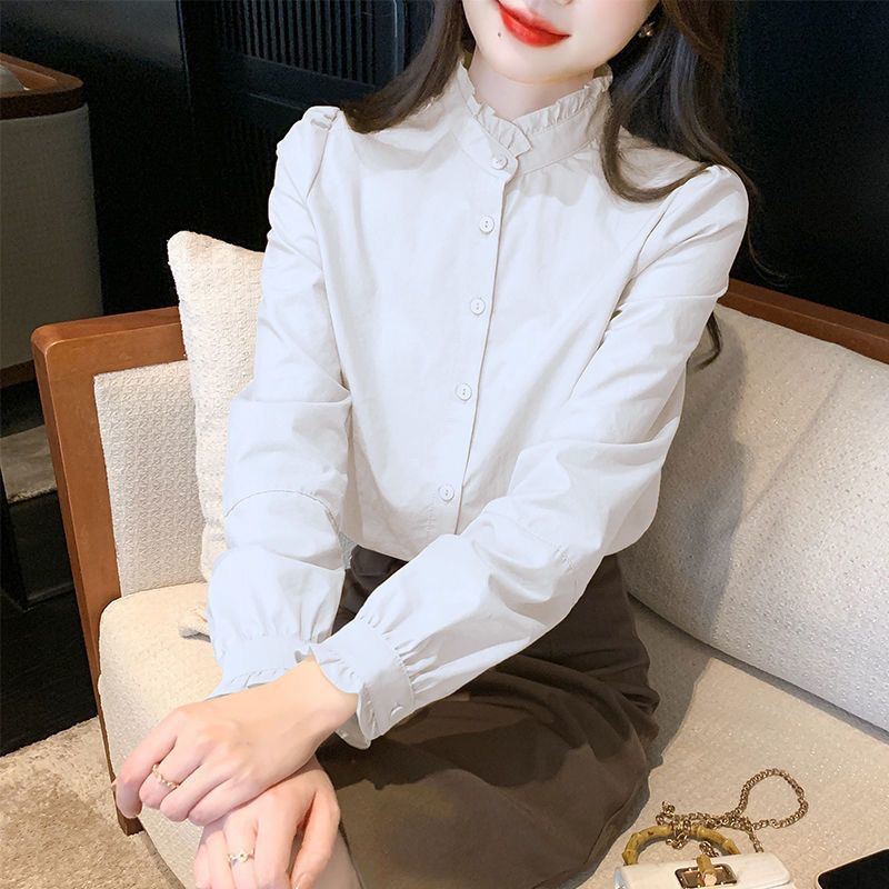 French-Style Ruffled Stand Collar Long Sleeve Shirt For Women, Autumn Design Niche Women'S Blouse - Image 4
