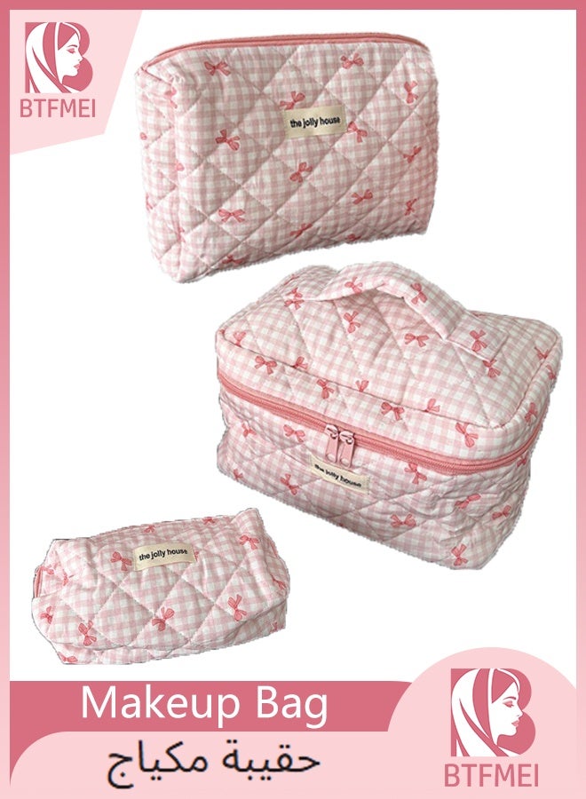 BTFMEI Makeup Bag Set 3 PCS, Travel Cosmetic Makeup Bags for Women, Different Size Travel Makeup Bags with Handle, Large Capacity Cute Cotton Makeup Bag (Pink Bows) - Image 1