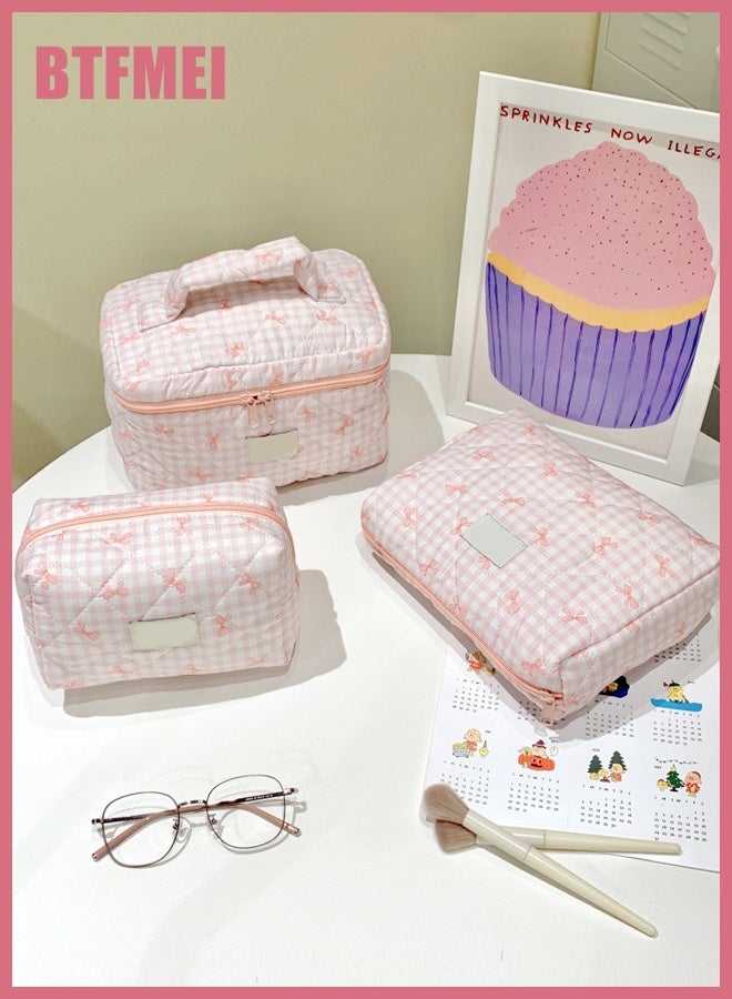 BTFMEI Makeup Bag Set 3 PCS, Travel Cosmetic Makeup Bags for Women, Different Size Travel Makeup Bags with Handle, Large Capacity Cute Cotton Makeup Bag (Pink Bows) - Image 2