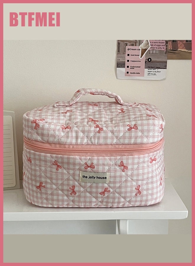 BTFMEI Makeup Bag Set 3 PCS, Travel Cosmetic Makeup Bags for Women, Different Size Travel Makeup Bags with Handle, Large Capacity Cute Cotton Makeup Bag (Pink Bows) - Image 3