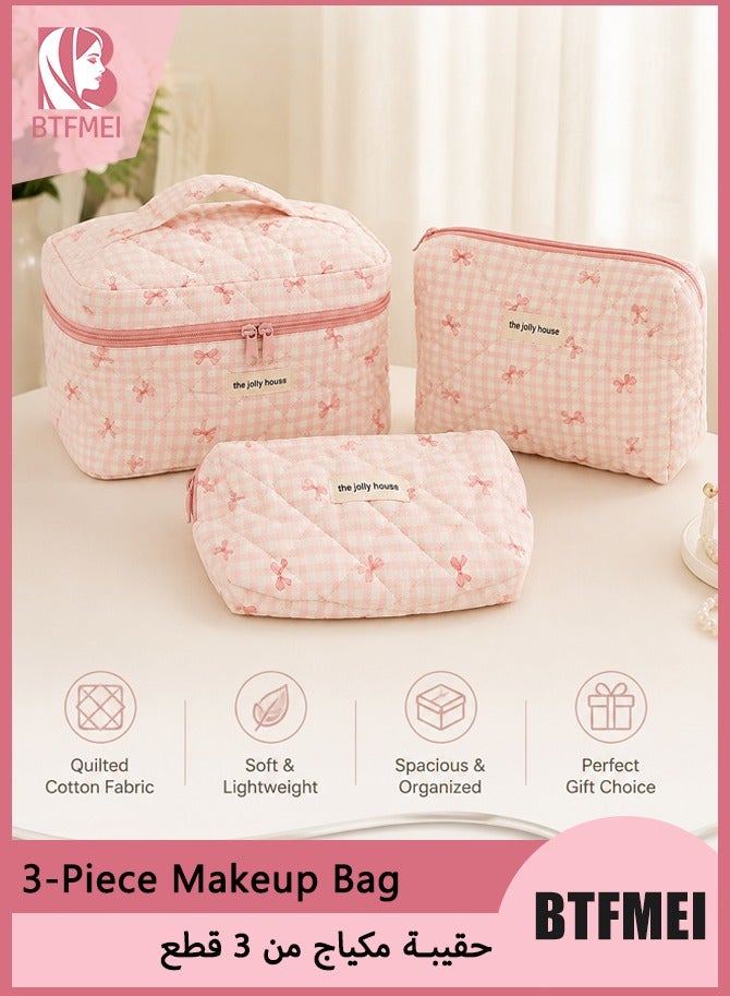 BTFMEI Makeup Bag Set 3 PCS, Travel Cosmetic Makeup Bags for Women, Different Size Travel Makeup Bags with Handle, Large Capacity Cute Cotton Makeup Bag (Pink Bows) - Image 1