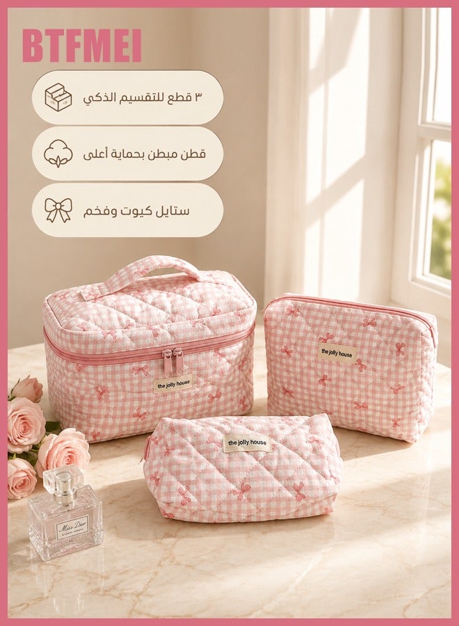 BTFMEI Makeup Bag Set 3 PCS, Travel Cosmetic Makeup Bags for Women, Different Size Travel Makeup Bags with Handle, Large Capacity Cute Cotton Makeup Bag (Pink Bows) - Image 2