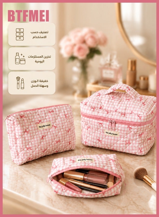 BTFMEI Makeup Bag Set 3 PCS, Travel Cosmetic Makeup Bags for Women, Different Size Travel Makeup Bags with Handle, Large Capacity Cute Cotton Makeup Bag (Pink Bows) - Image 3