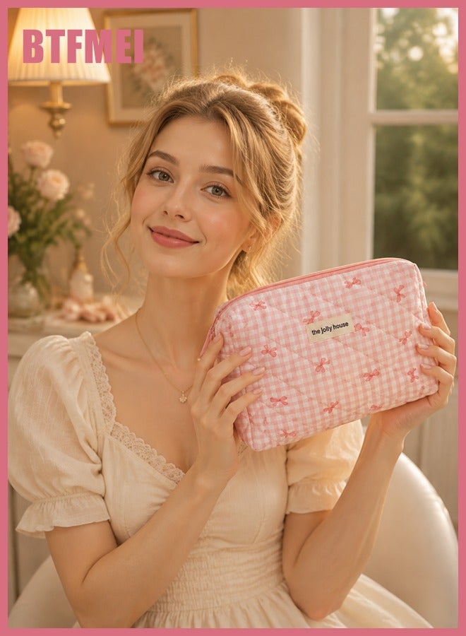 BTFMEI Makeup Bag Set 3 PCS, Travel Cosmetic Makeup Bags for Women, Different Size Travel Makeup Bags with Handle, Large Capacity Cute Cotton Makeup Bag (Pink Bows) - Image 4