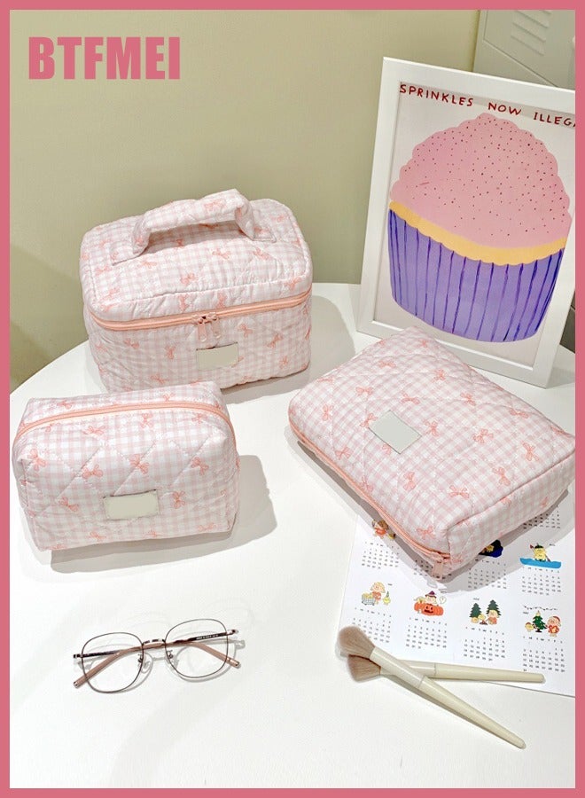 BTFMEI Makeup Bag Set 3 PCS, Travel Cosmetic Makeup Bags for Women, Different Size Travel Makeup Bags with Handle, Large Capacity Cute Cotton Makeup Bag (Pink Bows) - Image 5