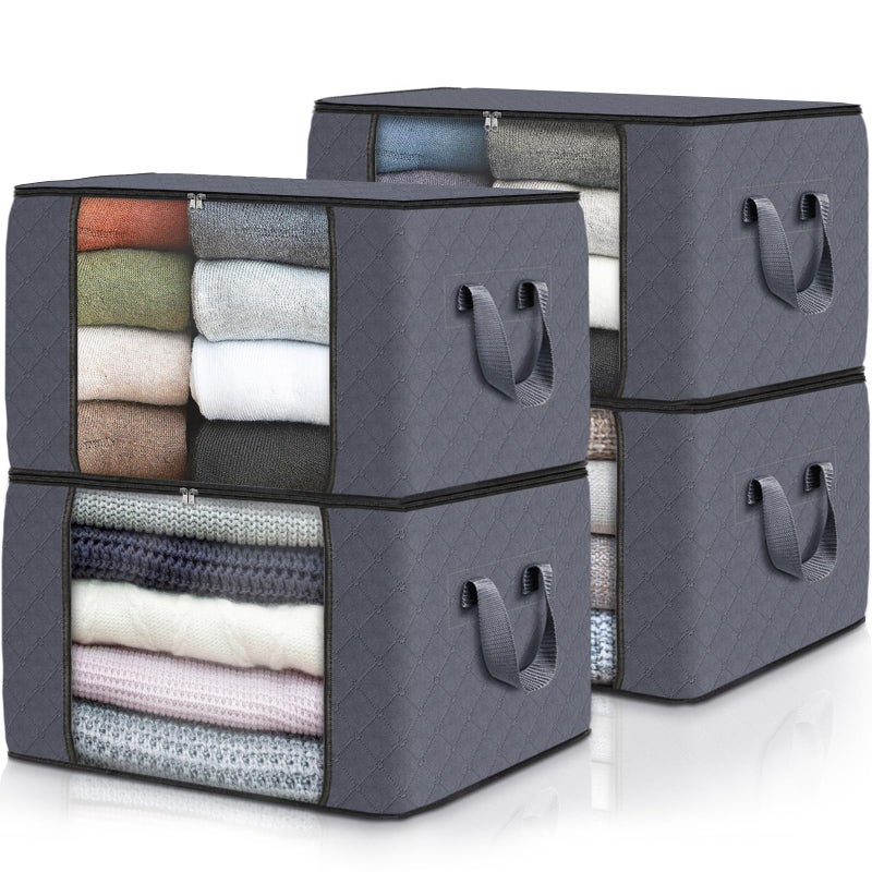 Fab totes 4 Pack Clothes Storage Foldable Thick Fabric Blanket Storage Bags Containers for Organizing Bedroom Closet Clothing ComforterCloset Organization with HandleGrey