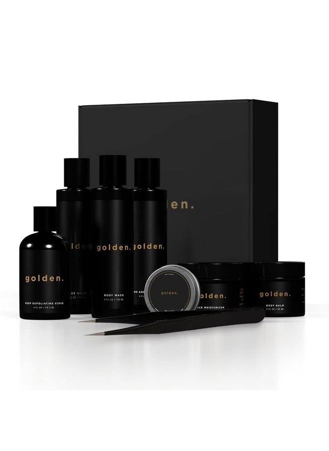 Golden Grooming Company - Golden Grooming Co. Bath And Body Skin Care Kit Gift Set For Men With Deep Exfoliating Scrub Face Wash Moisturizer Body Wash 2 In 1 Beard And Hair Shampoo Body Balmsolid Cologne And Tweezers - Image 1