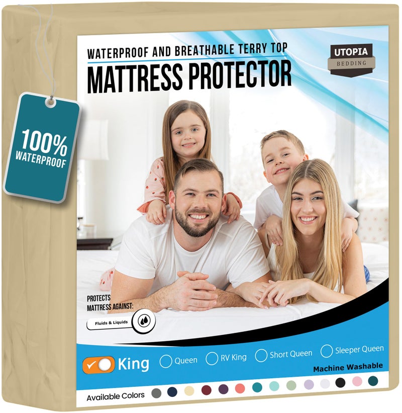 Utopia Bedding Waterproof Mattress Protector King Size Premium Terry Mattress Cover 200 GSM Breathable Fitted Style with Stretchable Pockets Beige