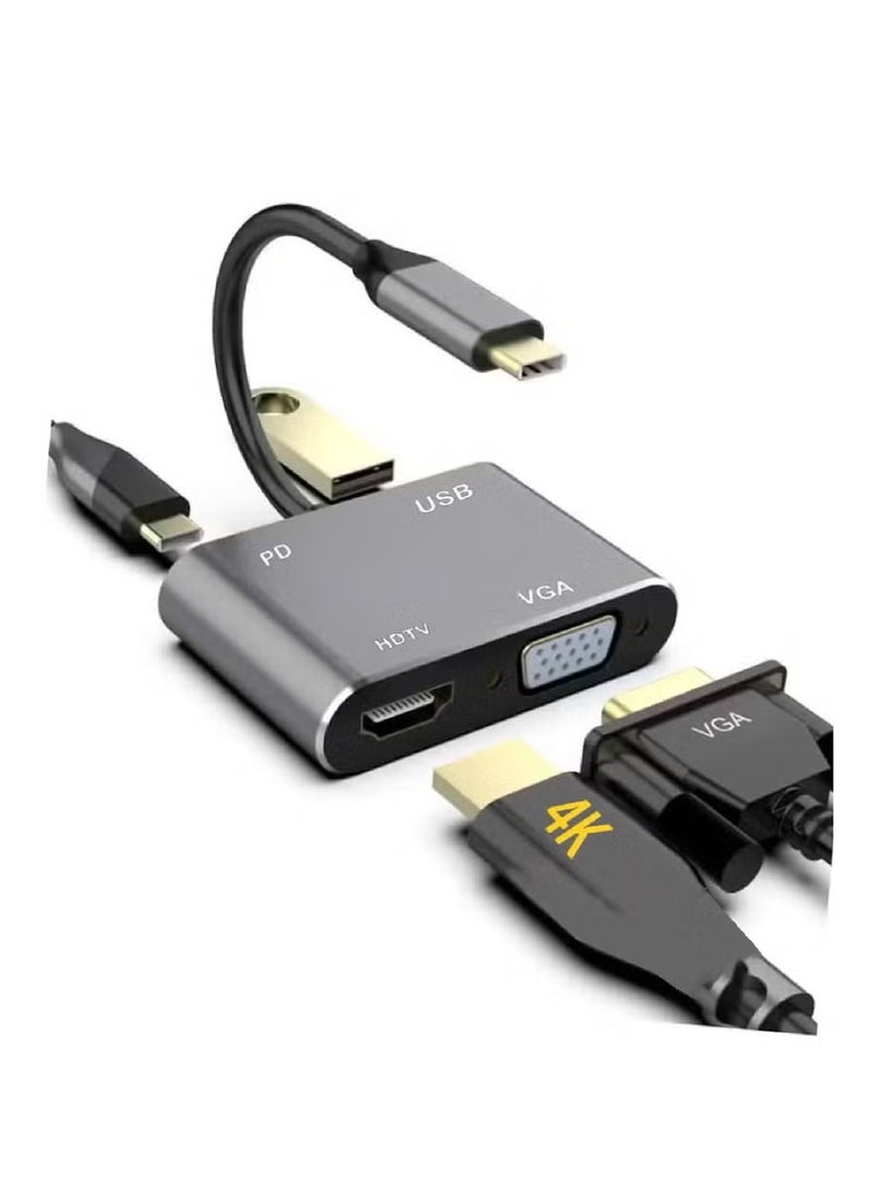 شيك فايب يدعم 4K Type-C إلى HUB PD HDTV+VGA+USB محول 4 في 1 Digital AV متعدد المنافذ محول Thunderbolt 3 إلى HDMI HDTV 4K UHD+VGA 1080P+USB3.0+PD منفذ شحن سريع لأجهزة MacBook/IPAD Pro/Galaxy S8/S9 4 منافذ - Image 1