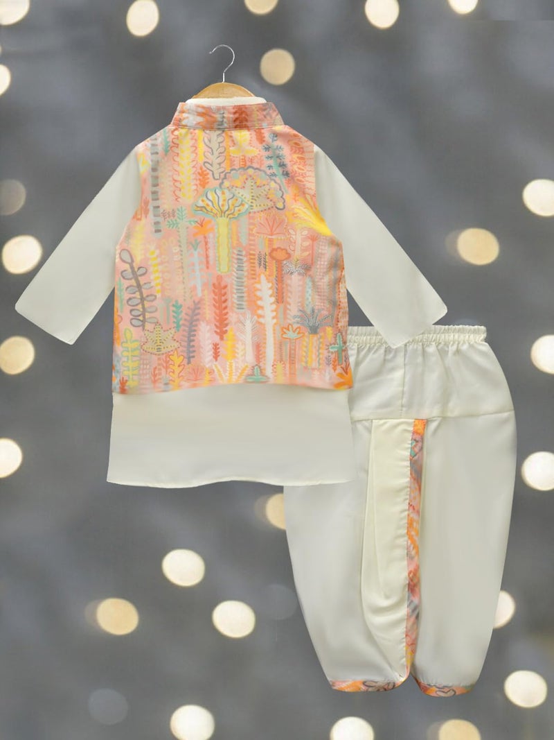 A.T.U.N. (ALL THINGS UBER NICE) Boys Off White Kurta Dhoti with Printed Nehru Jacket (3 Piece Set) - Image 4