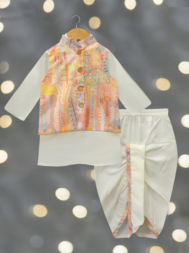 A.T.U.N. (ALL THINGS UBER NICE) Boys Off White Kurta Dhoti with Printed Nehru Jacket (3 Piece Set) - Image 3