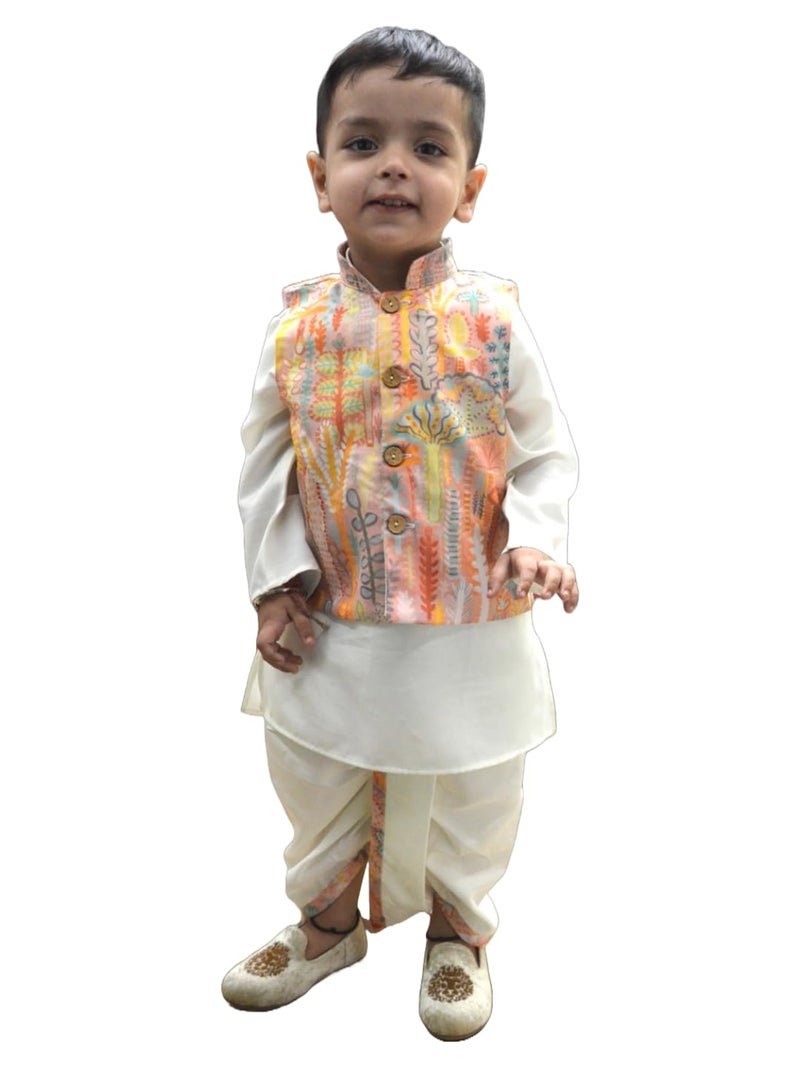 A.T.U.N. (ALL THINGS UBER NICE) Boys Off White Kurta Dhoti with Printed Nehru Jacket (3 Piece Set) - Image 1