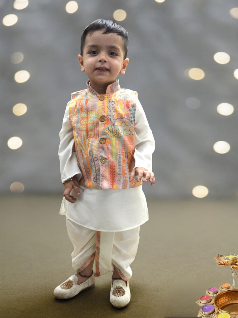 A.T.U.N. (ALL THINGS UBER NICE) Boys Off White Kurta Dhoti with Printed Nehru Jacket (3 Piece Set) - Image 2