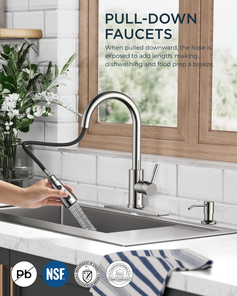 FORIOUS Kitchen Faucets with Soap Dispenser and Pull Down Sprayer, Brushed Nickel, Bar High Arc Single Handle Classic 3 Modes Stainless Steel Faucet for Kitchen Sink Farmhouse RV Laundry Camper - Image 2