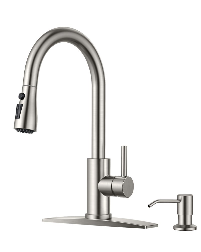 FORIOUS Kitchen Faucets with Soap Dispenser and Pull Down Sprayer, Brushed Nickel, Bar High Arc Single Handle Classic 3 Modes Stainless Steel Faucet for Kitchen Sink Farmhouse RV Laundry Camper - Image 1