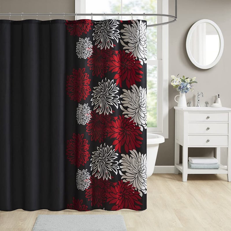 Comfort Spaces Enya Bathroom Shower Curtain Floral Printed Cute Chic Microfiber Fabric Bath Curtains, 72"x72", Red/Black - Image 1