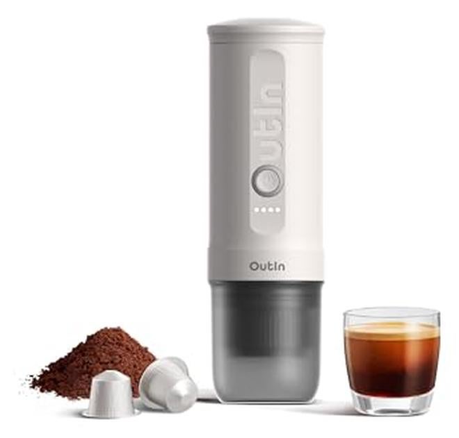 Outin آلة الإسبريسو الكهربائية المحمولة نانو من أوت إن لصنع القهوة للسفر والتخييم مع شاحن USB-C وكبسولات القهوة المطحونة لسيارات RV والمشي في الطبيعة والمكتب