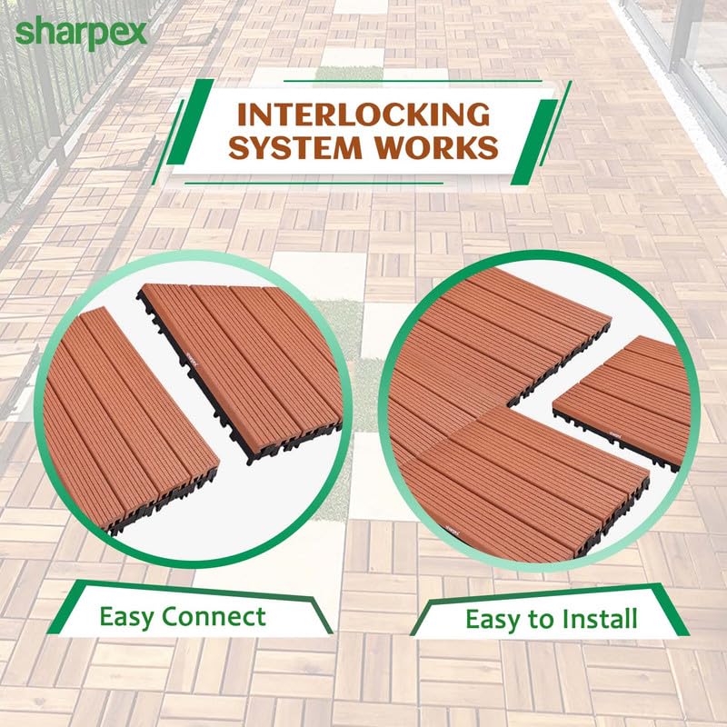Sharpex Wood and Plastic Deck Tiles with Interlocking | 6 Piece Floor Decking Water Resistant Tile for Balcony, Terrace, Garden, Poolside | Quick Flooring Solution for Indoor/Outdoor (WPC, 6 Piece) - Image 4