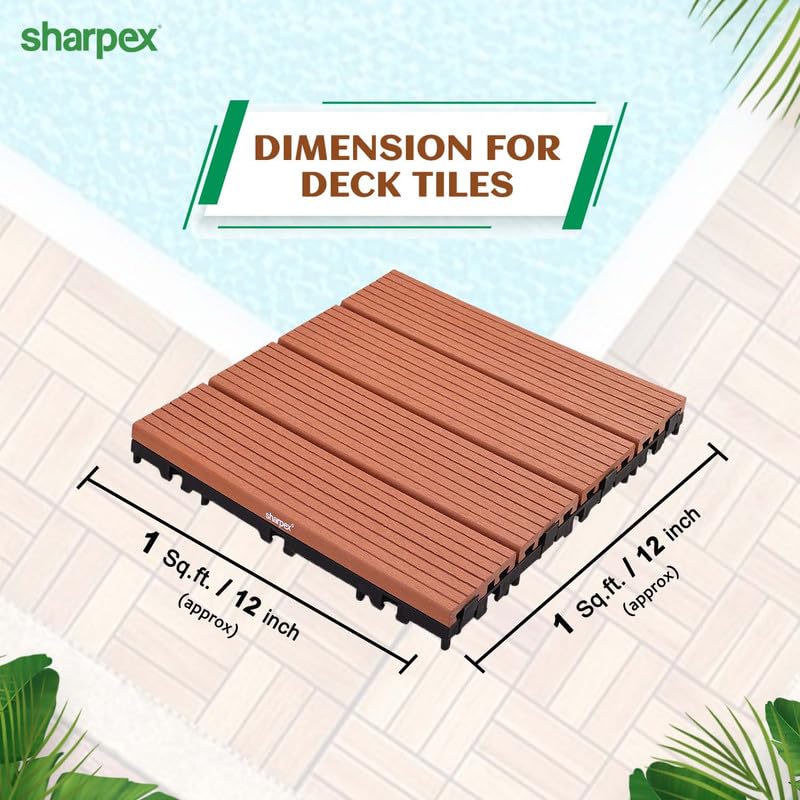 Sharpex Wood and Plastic Deck Tiles with Interlocking | 6 Piece Floor Decking Water Resistant Tile for Balcony, Terrace, Garden, Poolside | Quick Flooring Solution for Indoor/Outdoor (WPC, 6 Piece) - Image 2
