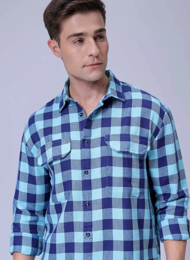 The Indian Garage Co Men Relaxed Fit Checkered Full Sleeves Cutaway Collar Double Flap Pocket Resort Wear Shirt