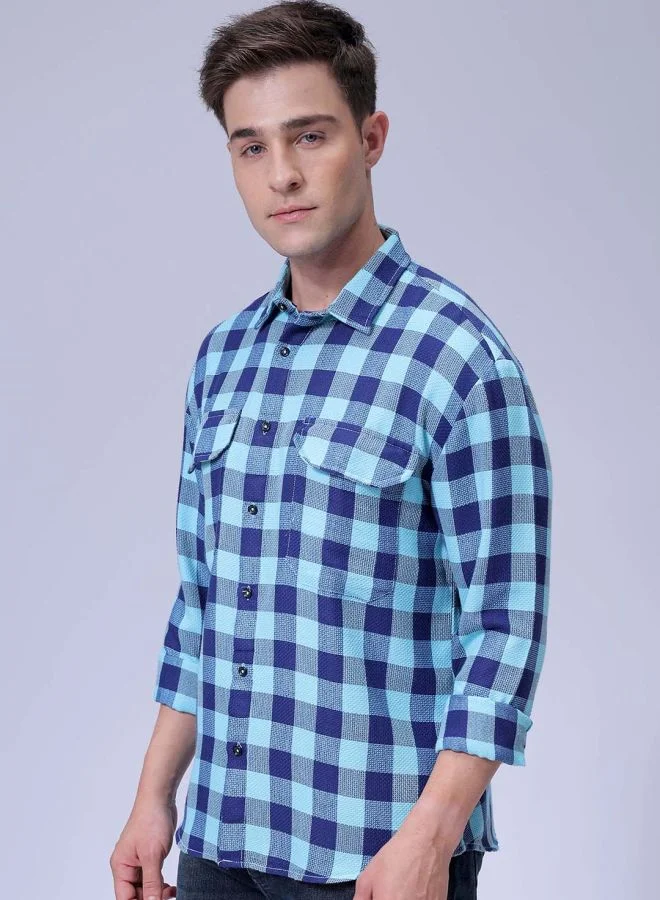 The Indian Garage Co Men Relaxed Fit Checkered Full Sleeves Cutaway Collar Double Flap Pocket Resort Wear Shirt