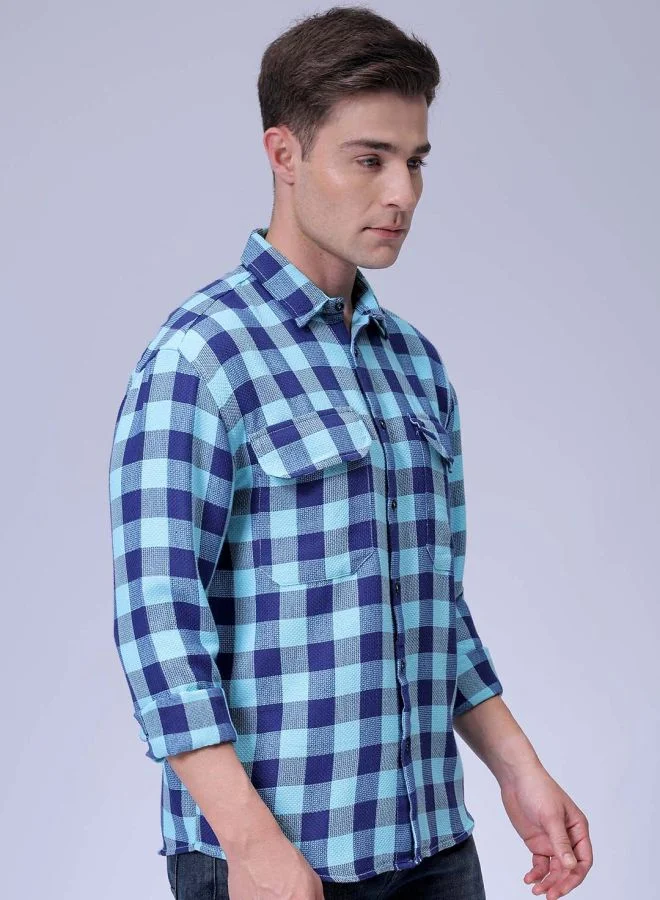 The Indian Garage Co Men Relaxed Fit Checkered Full Sleeves Cutaway Collar Double Flap Pocket Resort Wear Shirt