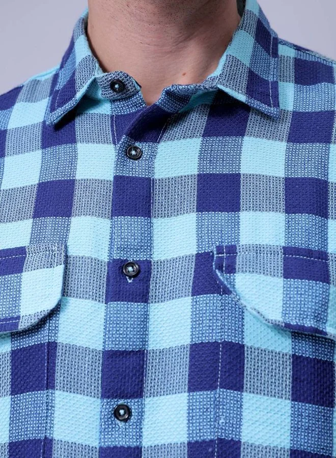 The Indian Garage Co Men Relaxed Fit Checkered Full Sleeves Cutaway Collar Double Flap Pocket Resort Wear Shirt